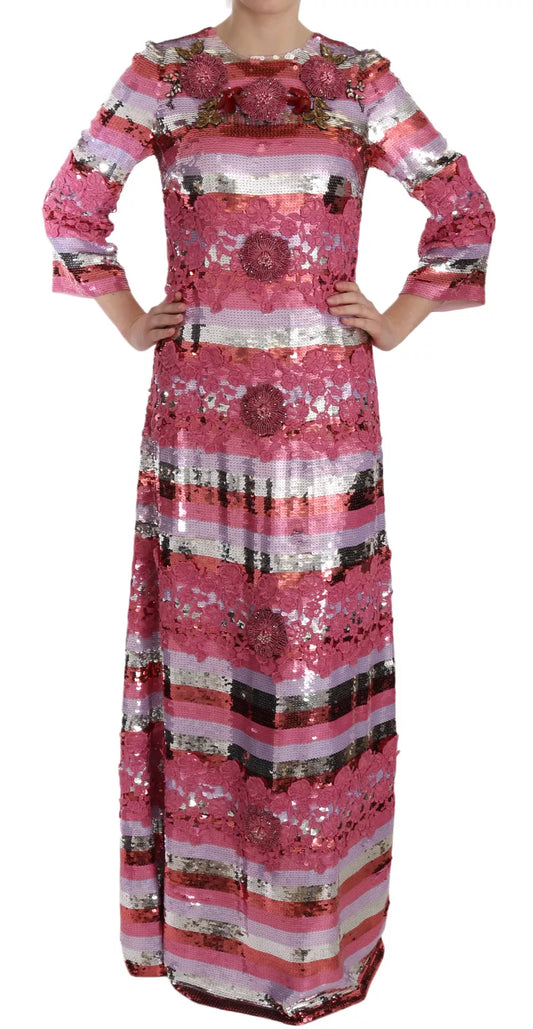 Dolce & Gabbana Pink Floral Sequined Crystal Gown Dress IT40 | S