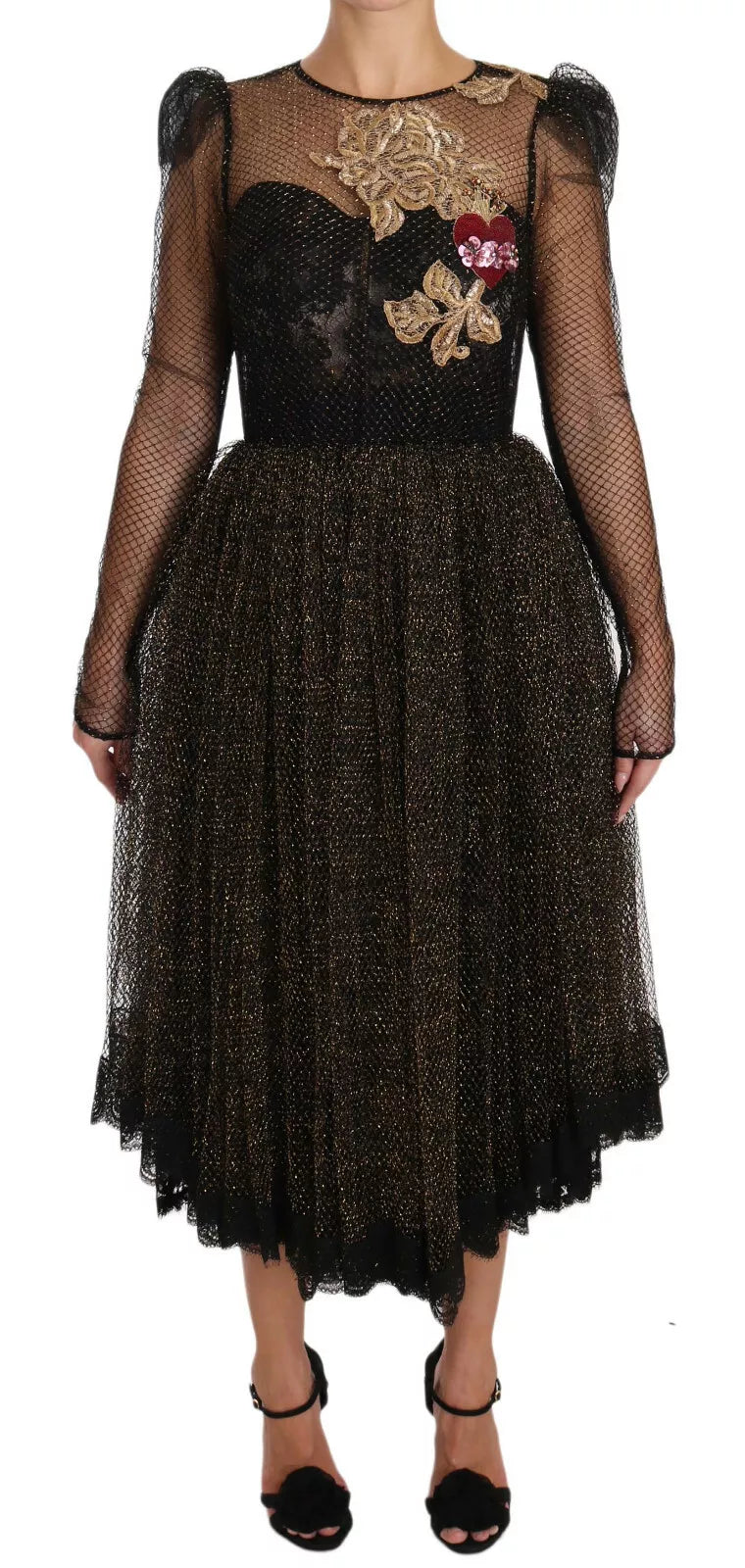 Dolce & Gabbana Black Gold Crystal Heart A-line Dress IT38 / XS