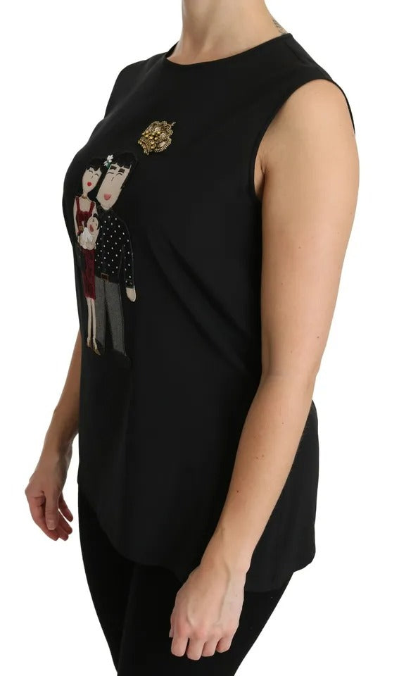 Dolce & Gabbana Black Silk DG Family Crystal Sleeveless Top IT40 / S