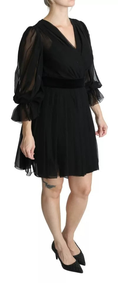 Dolce & Gabbana Black Mesh Pleated Mini Silk Blend Dress IT42 / M