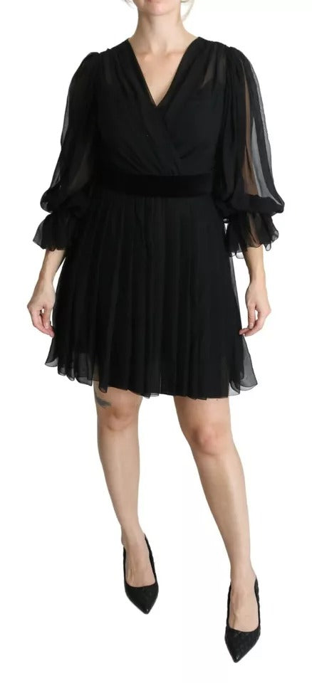 Dolce & Gabbana Black Mesh Pleated Mini Silk Blend Dress IT42 / M