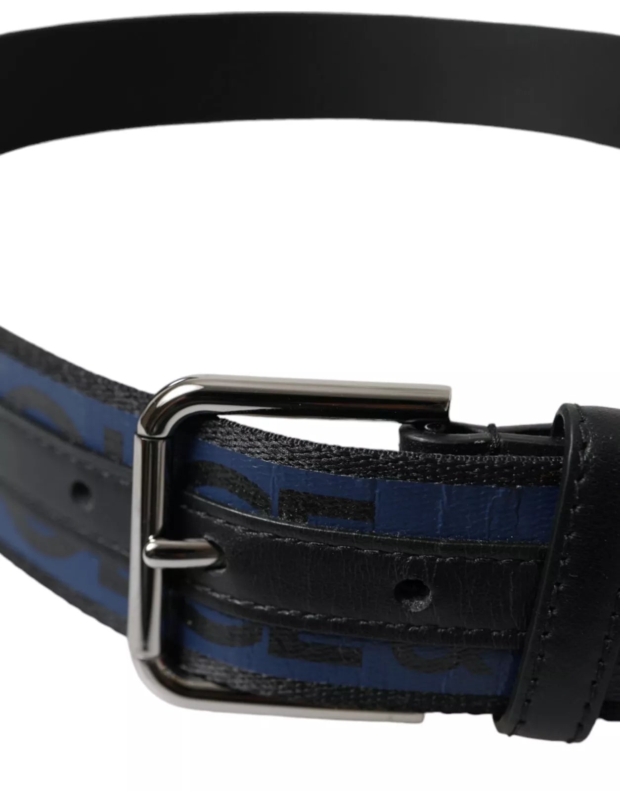 Dolce & Gabbana Black Blue Logo Silver Metal Buckle Belt 85 CM / 34 INCH