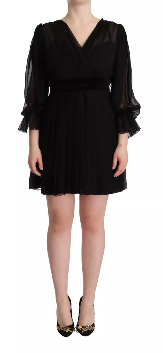 Dolce & Gabbana Black V-neck Long Sleeves Mini A-line Dress IT42 / M