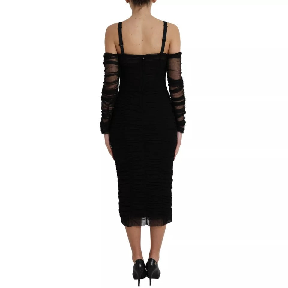 Dolce & Gabbana Black Cold Shoulder Stretch Tulle Midi Dress IT46 / L