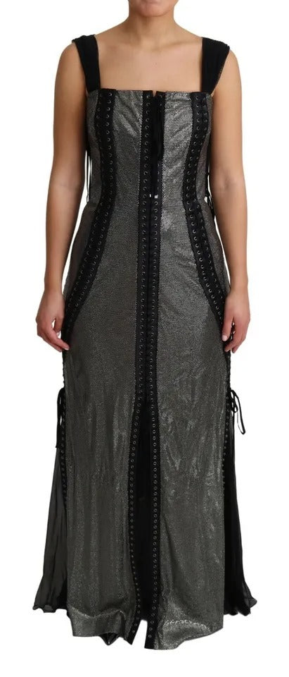 Dolce & Gabbana Black Crystals Lace Up Runway Gown Dress IT44 / L