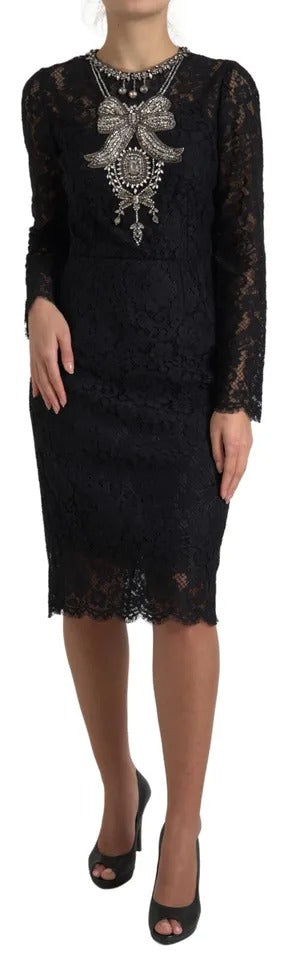 Dolce & Gabbana Black Nylon Lace Embellished Sheath Dress IT44 / L