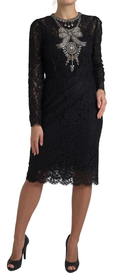 Dolce & Gabbana Black Nylon Lace Embellished Sheath Dress IT44 / L