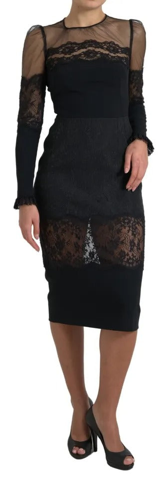 Dolce & Gabbana Black Sheer Floral Lace Sheath Midi Dress IT42 / M