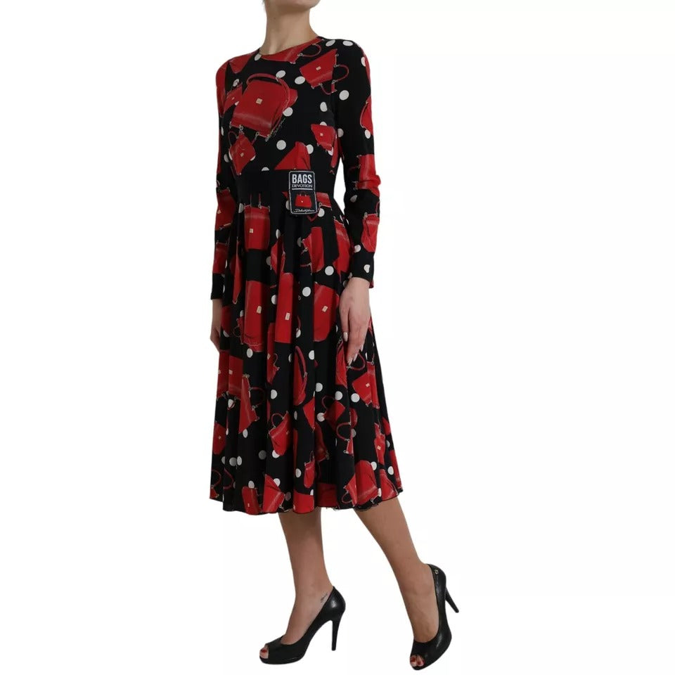 Dolce & Gabbana Black Sicily Bag Print Flared Midi Dress IT42 / M