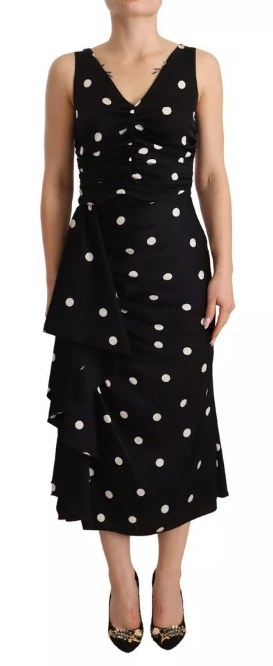 Dolce & Gabbana Black Silk Polka Dots V-neck Sheath Midi Dress IT40 / S