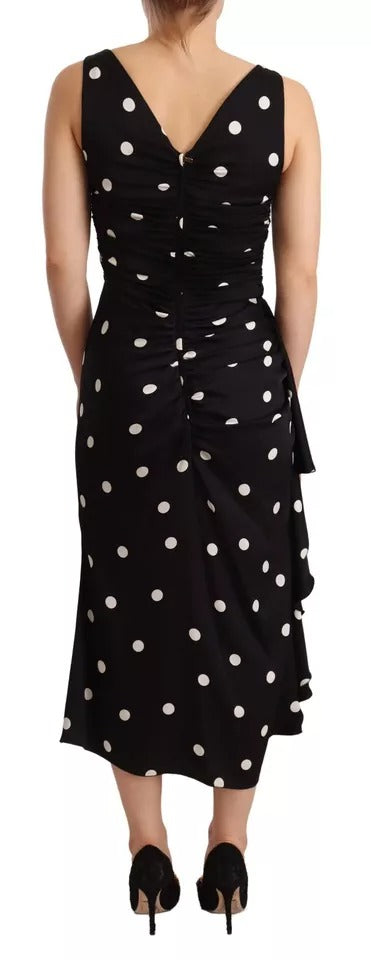 Dolce & Gabbana Black Silk Polka Dots V-neck Sheath Midi Dress IT40 / S