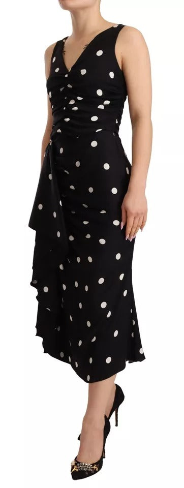 Dolce & Gabbana Black Silk Polka Dots V-neck Sheath Midi Dress IT40 / S