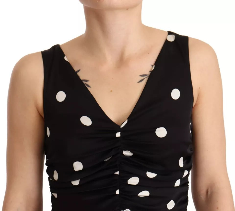 Dolce & Gabbana Black Silk Polka Dots V-neck Sheath Midi Dress IT40 / S