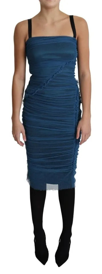 Dolce & Gabbana Blue Draped Tulle Midi Sheath Cotton Dress IT42 / M