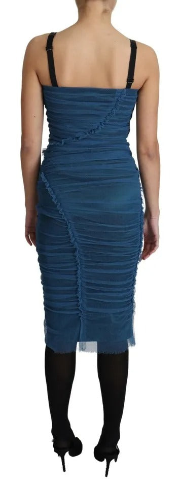 Dolce & Gabbana Blue Draped Tulle Midi Sheath Cotton Dress IT42 / M