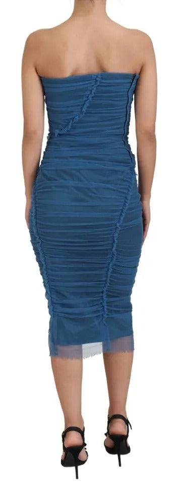 Dolce & Gabbana Blue Mesh Trim Ruched Tulle Sheath Dress IT40 / S