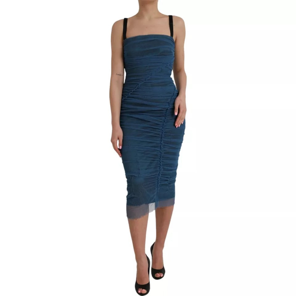 Dolce & Gabbana Blue Mesh Trim Ruched Tulle Sheath Dress IT44 / L