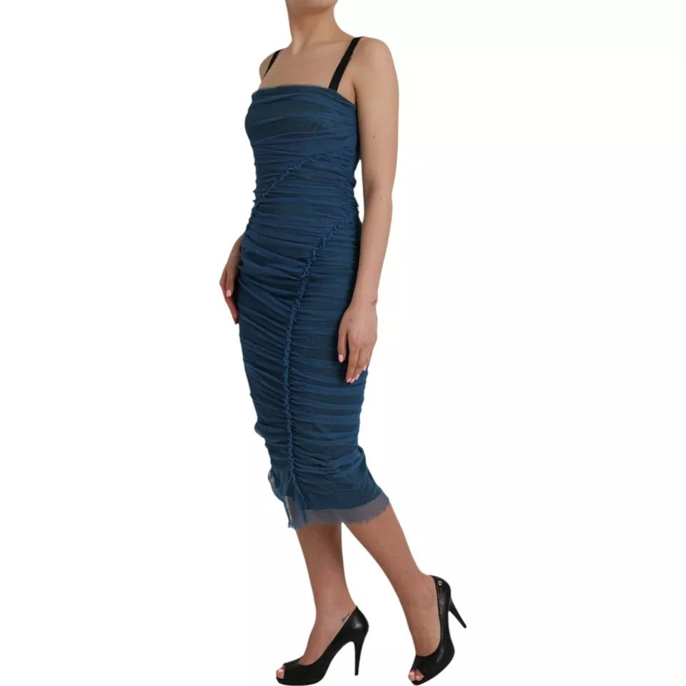 Dolce & Gabbana Blue Mesh Trim Ruched Tulle Sheath Dress IT44 / L