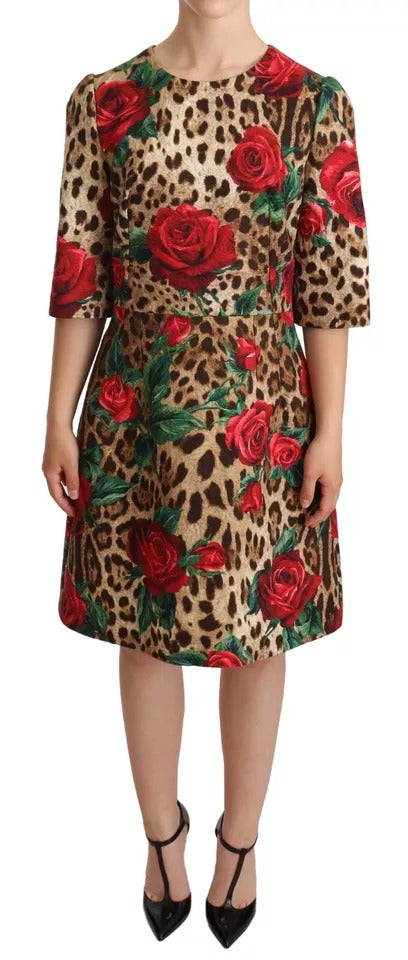 Dolce & Gabbana Brown Leopard Red Roses Cotton A-line Dress IT44 / L