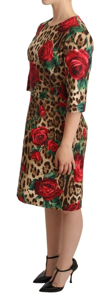 Dolce & Gabbana Brown Leopard Red Roses Cotton A-line Dress IT44 / L