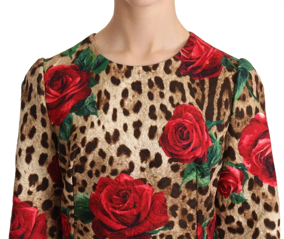 Dolce & Gabbana Brown Leopard Red Roses Cotton A-line Dress IT44 / L