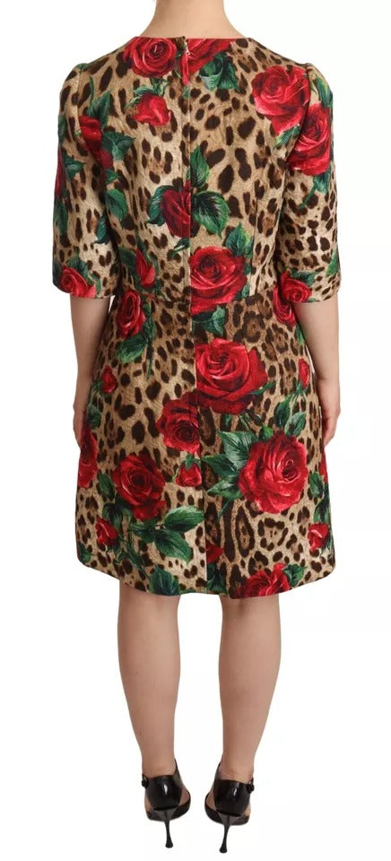 Dolce & Gabbana Brown Leopard Red Roses Cotton A-line Dress IT44 / L