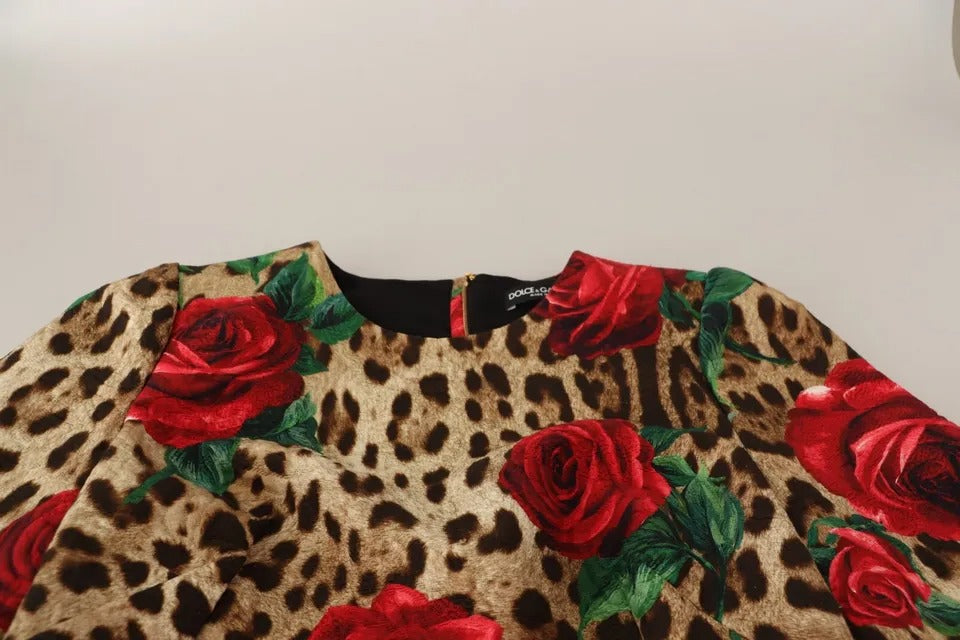 Dolce & Gabbana Brown Leopard Red Roses Cotton A-line Dress IT44 / L