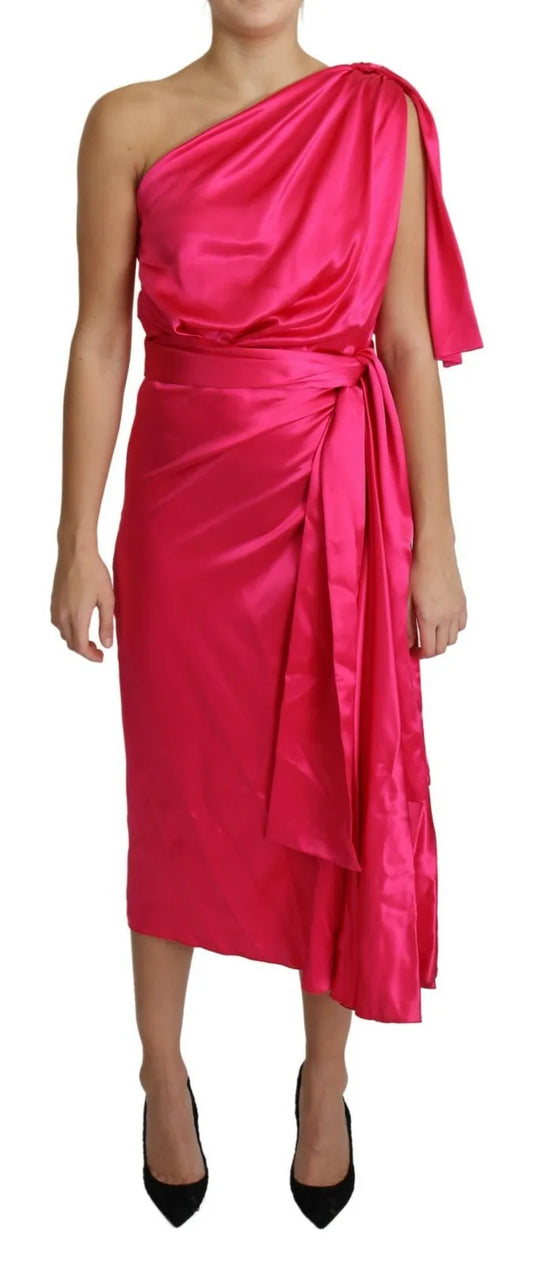 Dolce & Gabbana Fuchsia Fitted Cut One Shoulder Midi Dress IT44 | L