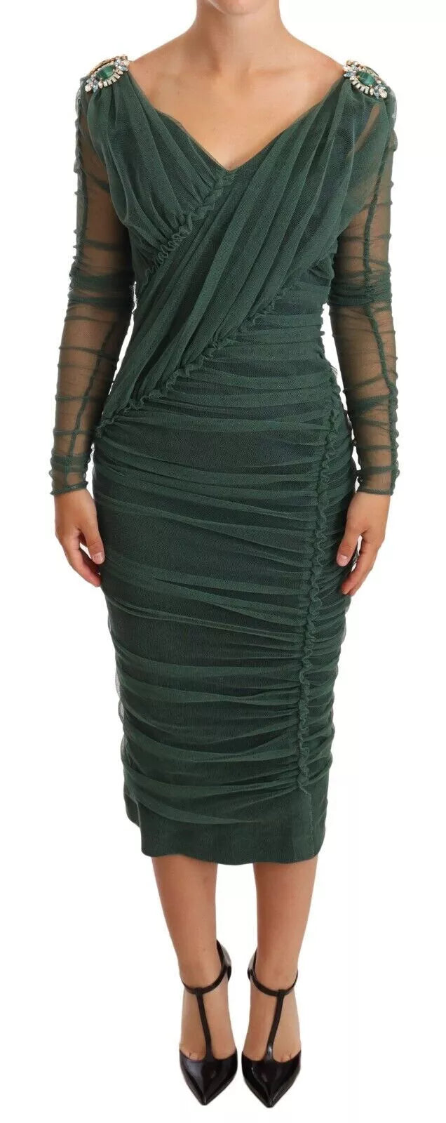 Dolce & Gabbana Green Ruched Stretch Tulle Crystal Midi Dress IT42 / L