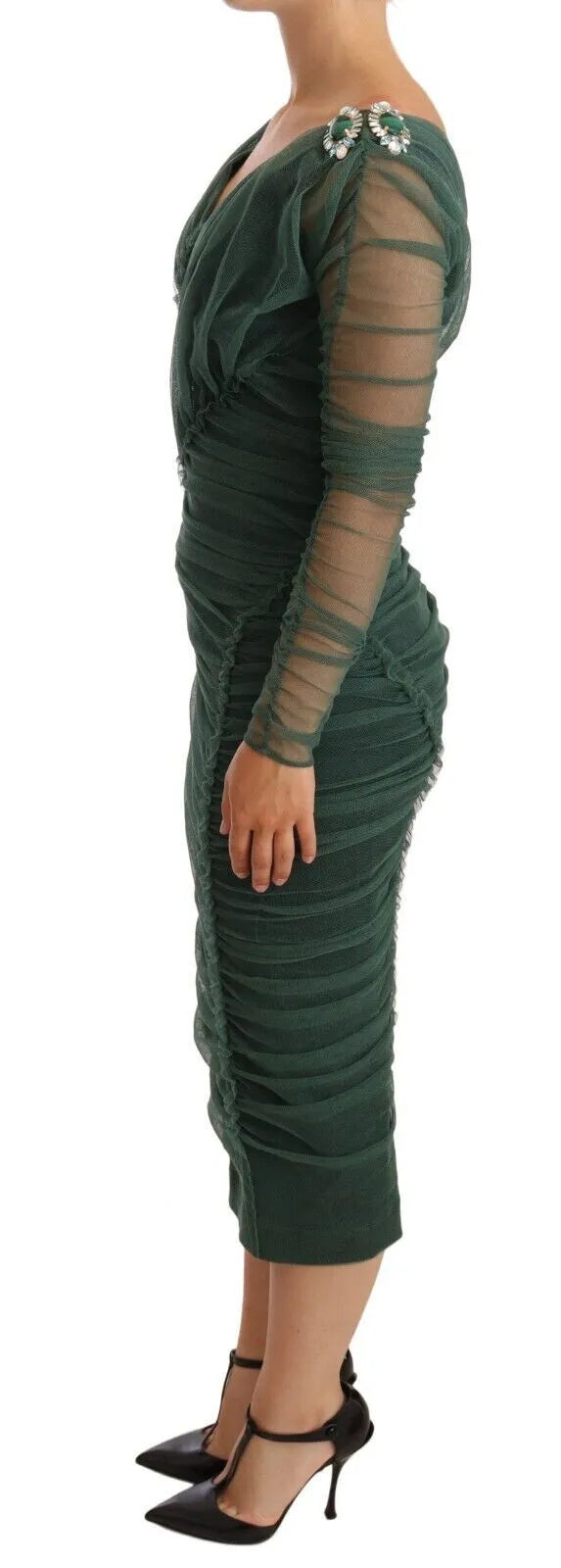 Dolce & Gabbana Green Ruched Stretch Tulle Crystal Midi Dress IT42 / L