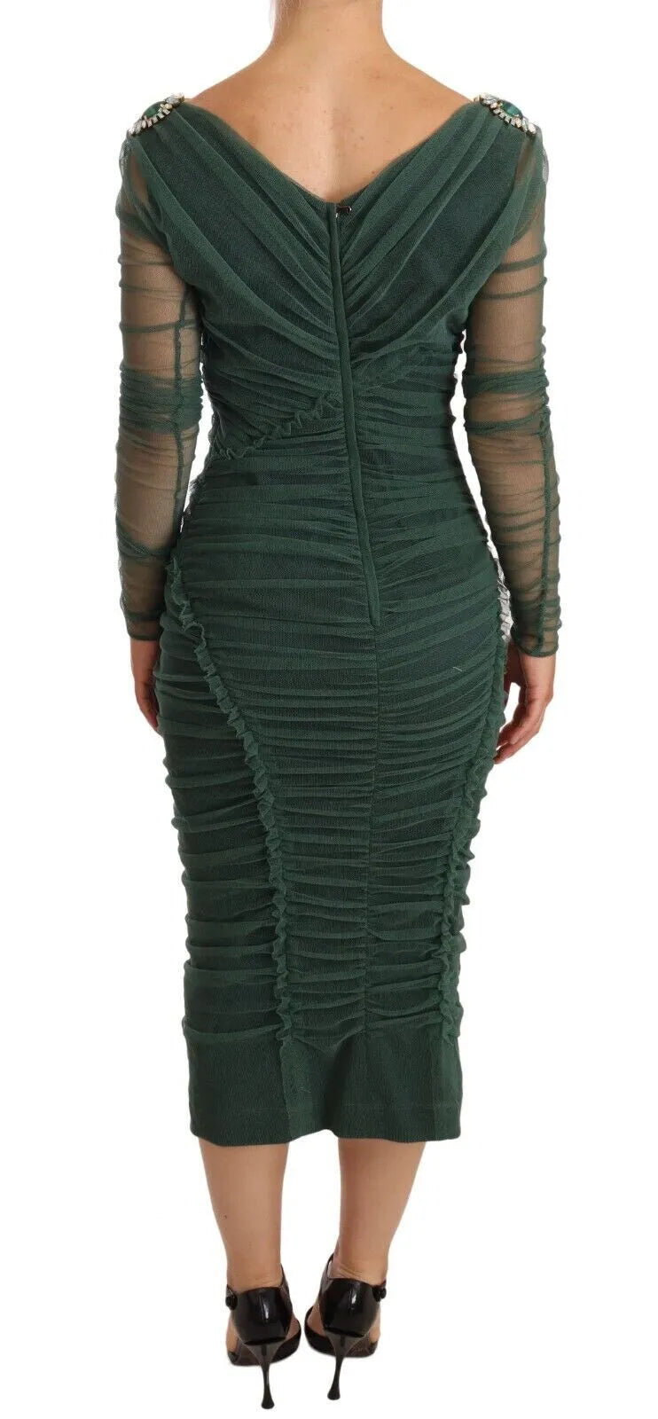 Dolce & Gabbana Green Ruched Stretch Tulle Crystal Midi Dress IT42 / L