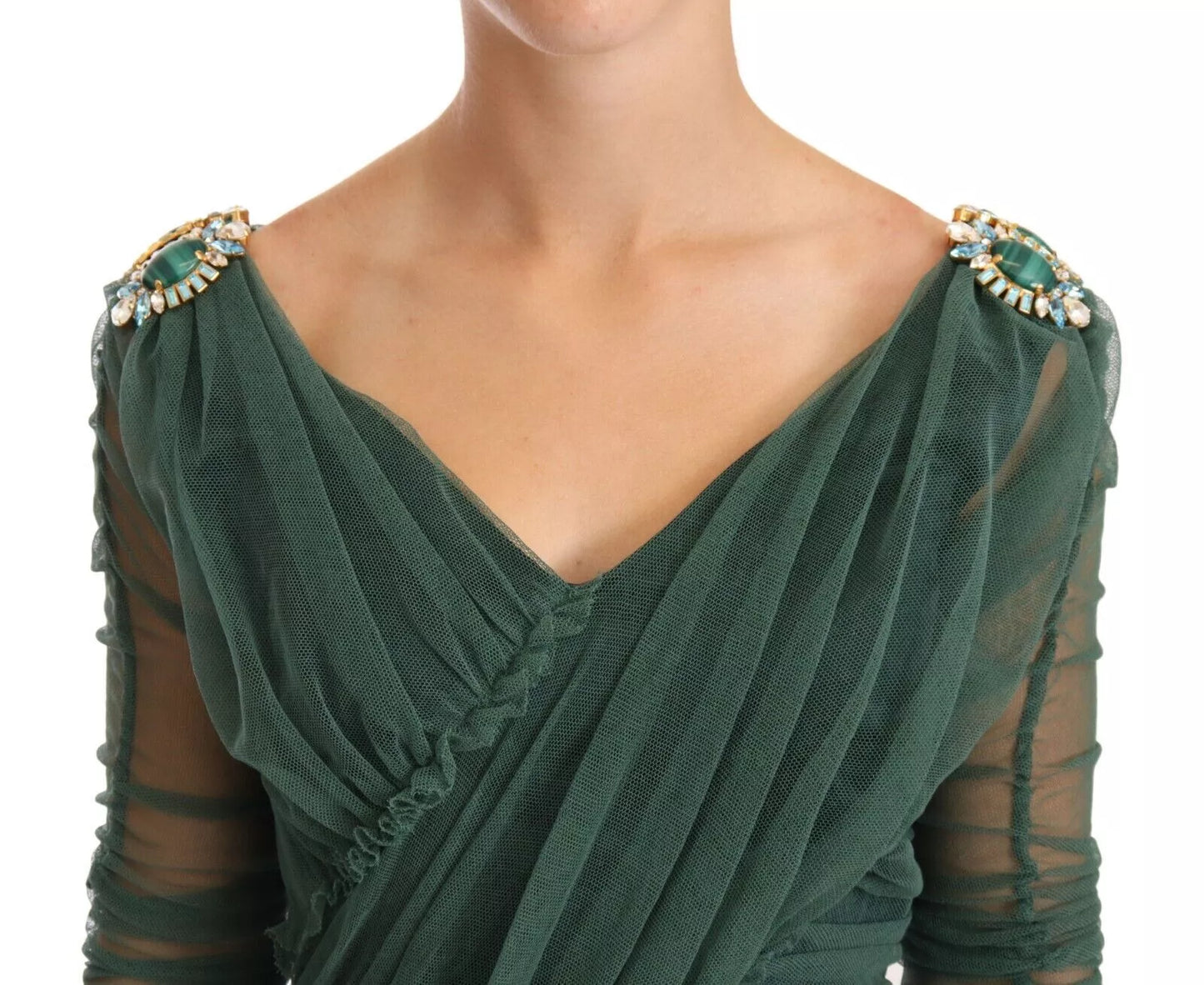 Dolce & Gabbana Green Ruched Stretch Tulle Crystal Midi Dress IT42 / L