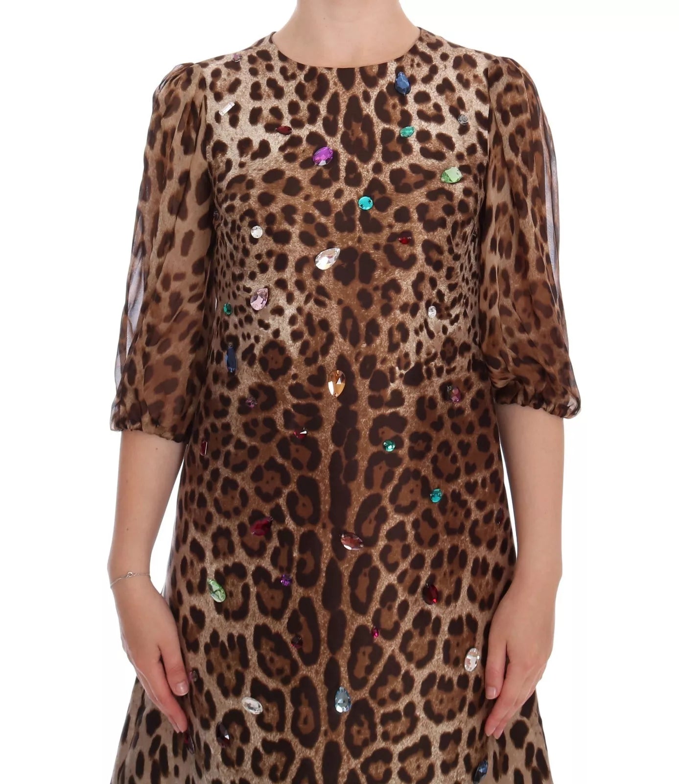 Dolce & Gabbana Leopard Silk Wool Crystal Shift Dress IT40 | S