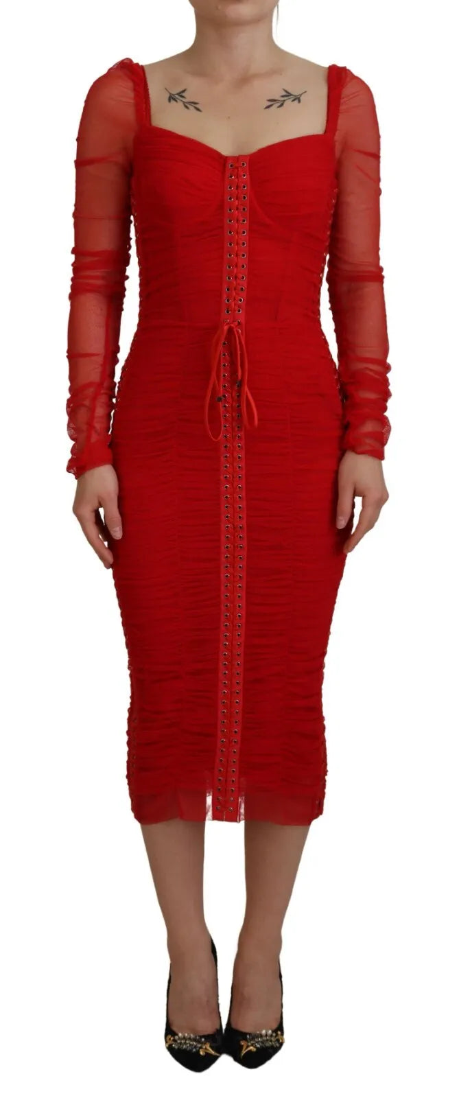 Dolce & Gabbana Red Mesh Trim Bodycon Sheath Midi Dress IT40 | S