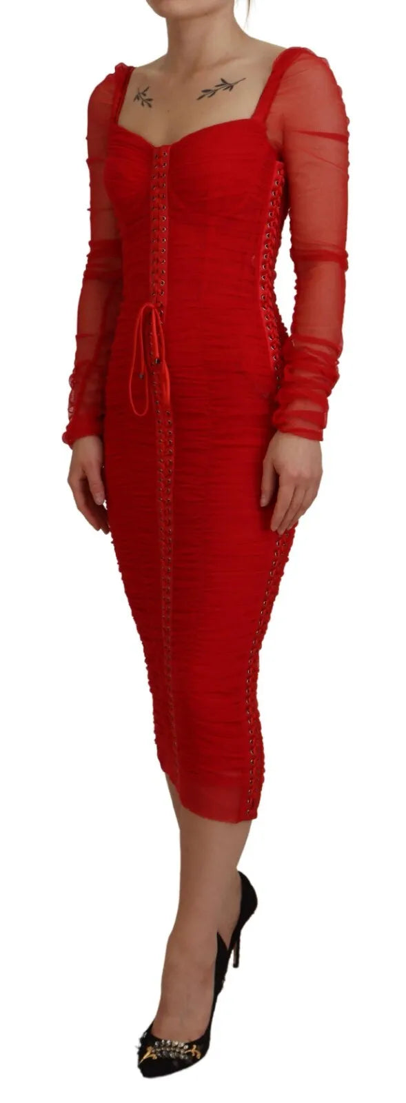 Dolce & Gabbana Red Mesh Trim Bodycon Sheath Midi Dress IT40 | S