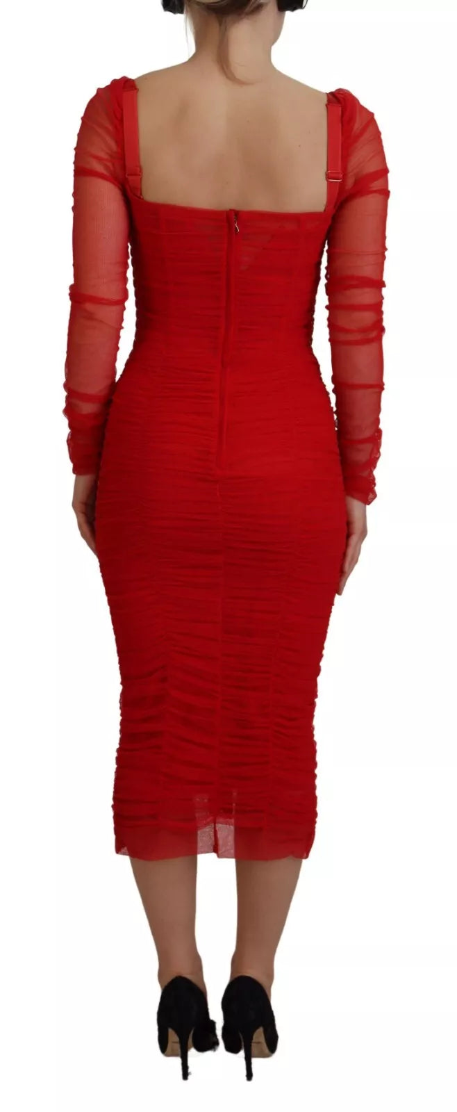 Dolce & Gabbana Red Mesh Trim Bodycon Sheath Midi Dress IT40 | S