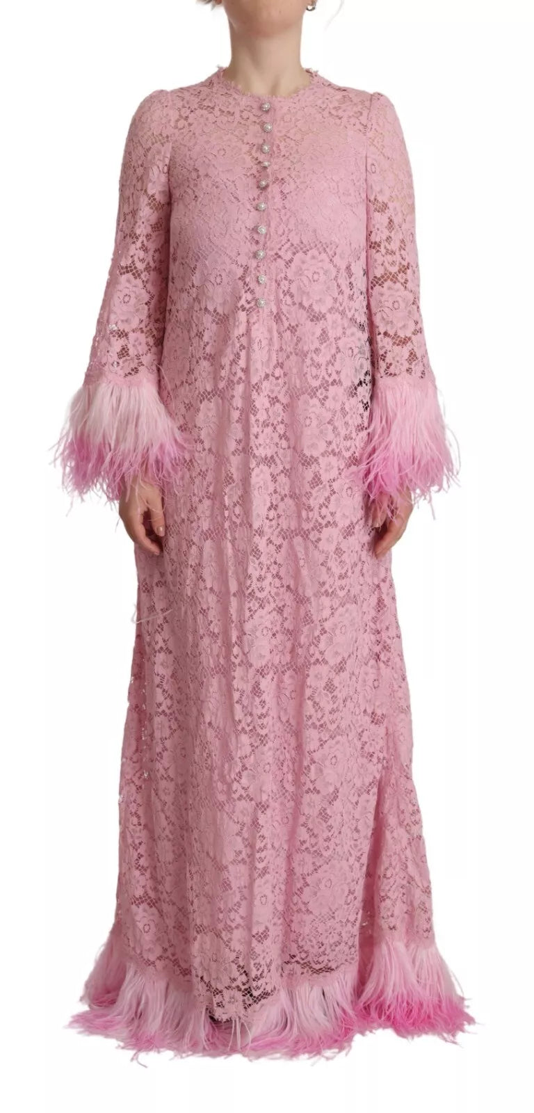 Dolce & Gabbana Shift Lilac Lace Feathers Long Sleeves Dress IT40 | S