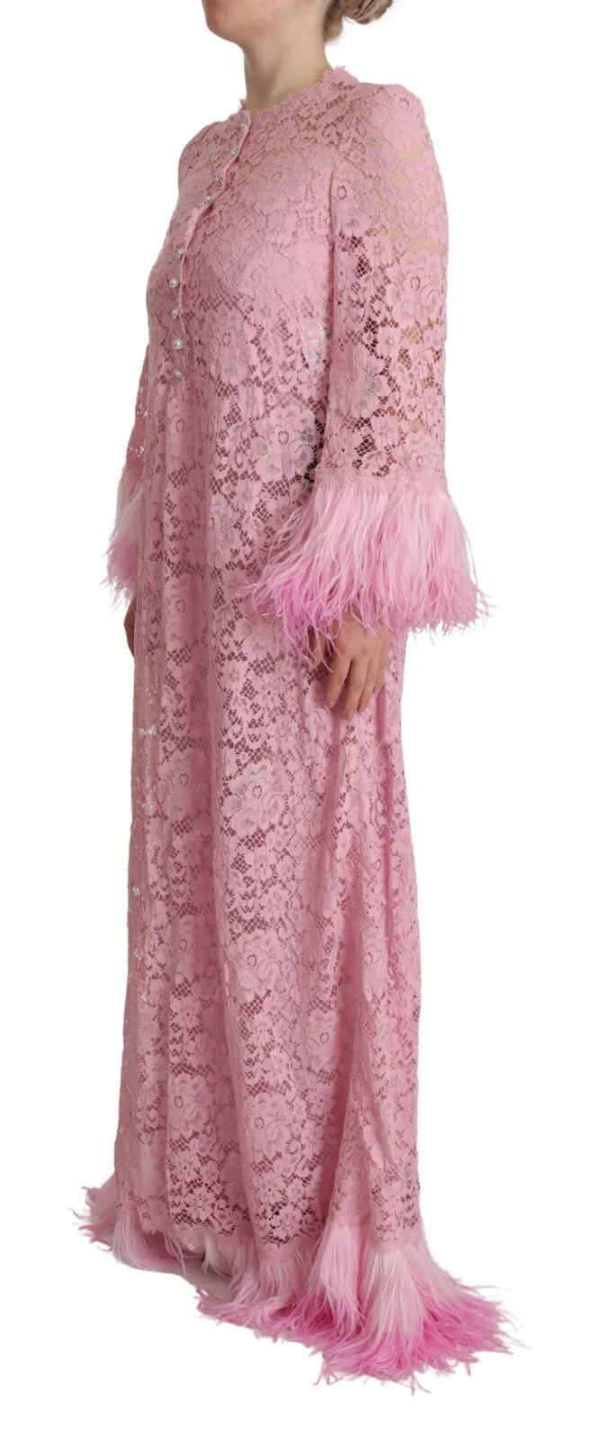 Dolce & Gabbana Shift Lilac Lace Feathers Long Sleeves Dress IT40 | S