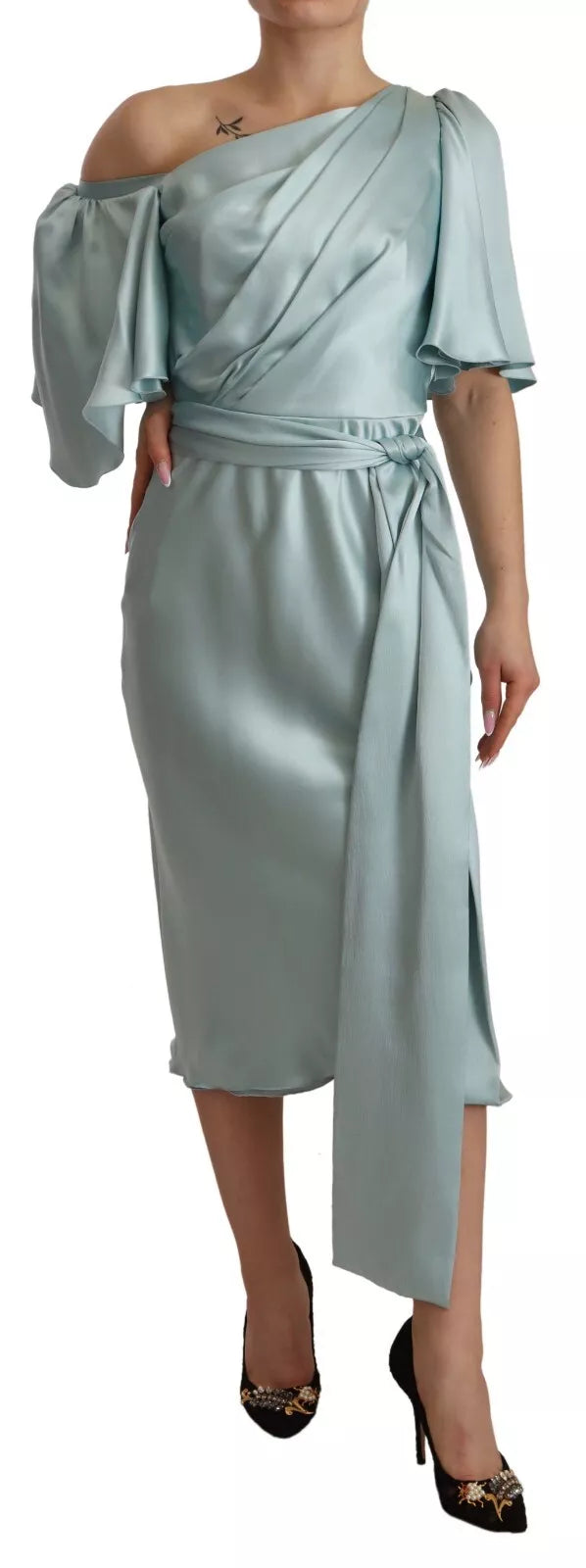 Dolce & Gabbana Silk Mint Green Fit Cut One Shoulder Midi Dress IT40 | S