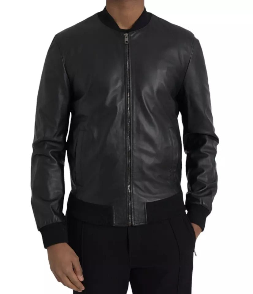 Dolce & Gabbana Black Bomber Leather Full Zip Biker Blouson  Jacket IT48 / M