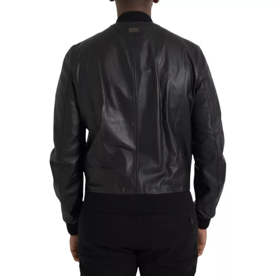 Dolce & Gabbana Black Bomber Leather Full Zip Biker Blouson  Jacket IT48 / M