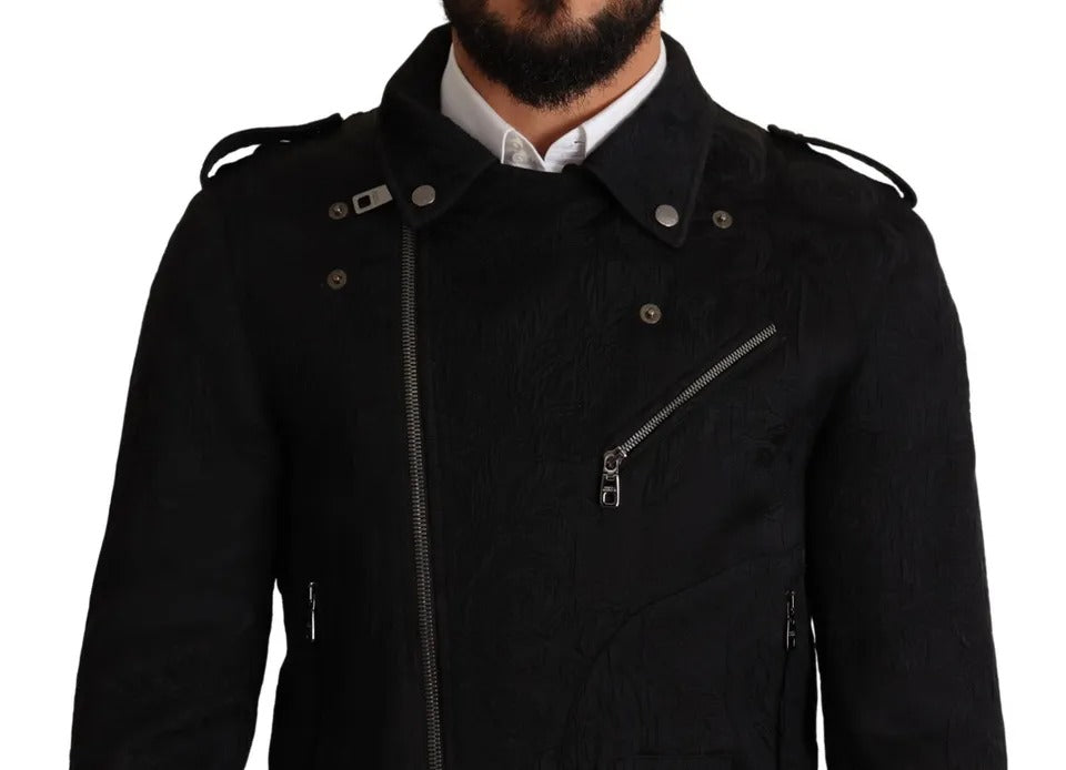 Dolce & Gabbana Black Brocade Full Zip Biker Coat Jacket IT48 / M