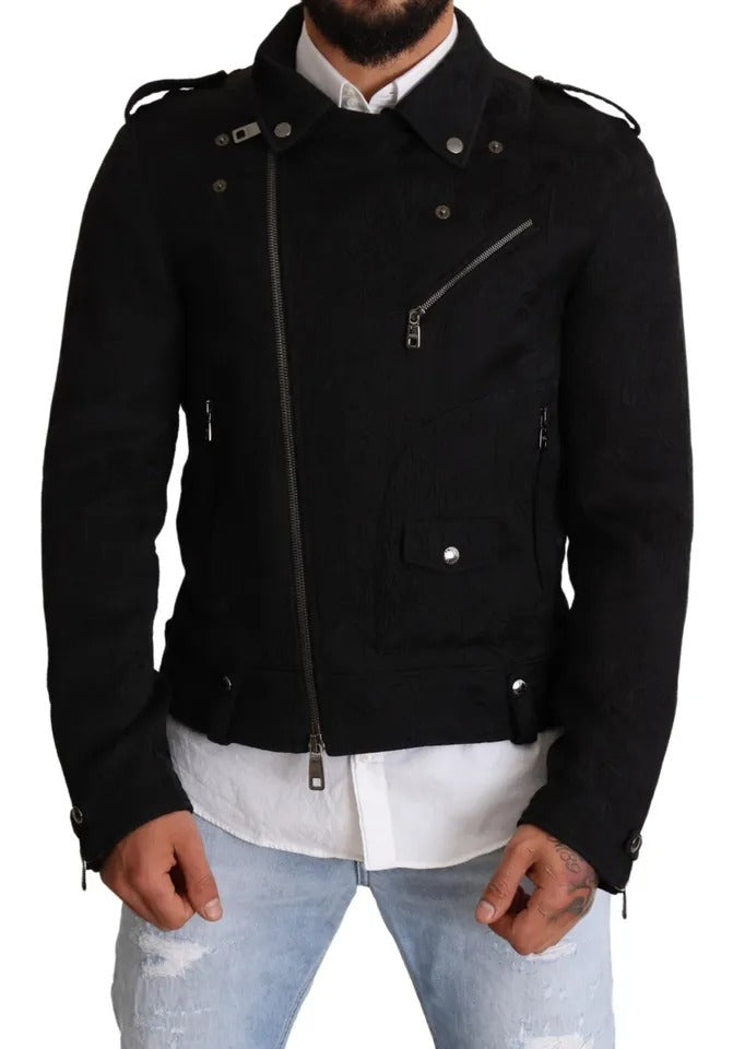 Dolce & Gabbana Black Brocade Full Zip Biker Coat Jacket IT48 / M