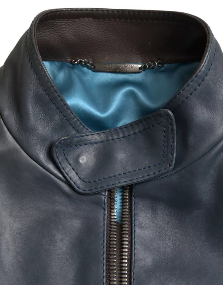 Dolce & Gabbana Blue Leather Full Zip Biker Blouson Jacket IT48 / M