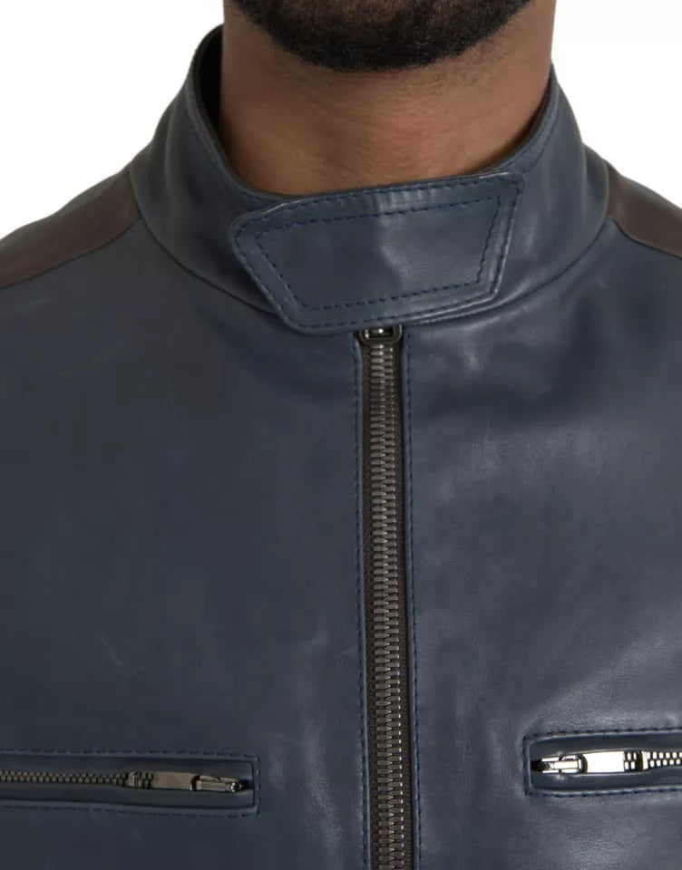 Dolce & Gabbana Blue Leather Full Zip Biker Blouson Jacket IT48 / M