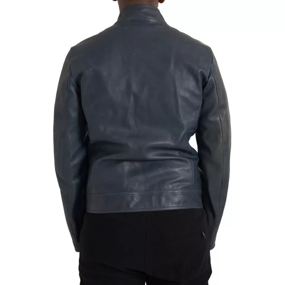 Dolce & Gabbana Blue Leather Full Zip Biker Blouson Jacket IT48 / M