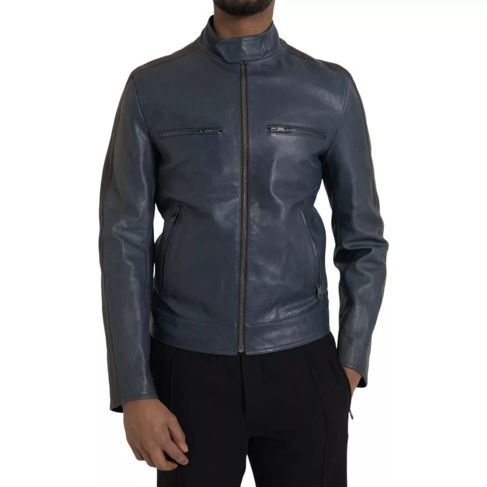 Dolce & Gabbana Blue Leather Full Zip Biker Blouson Jacket IT48 / M