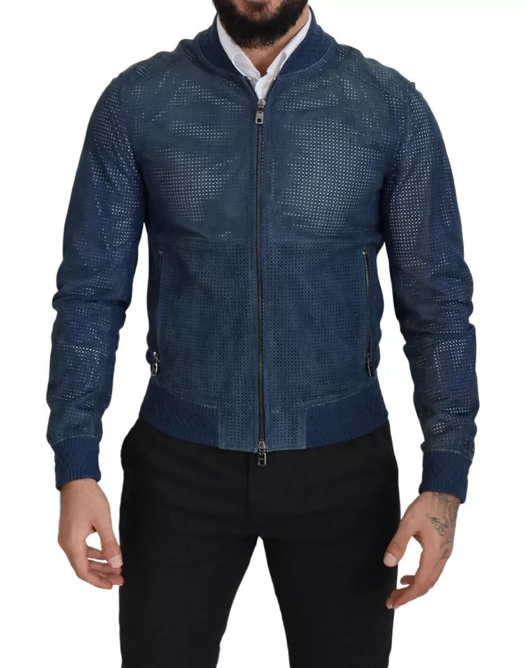 Dolce & Gabbana Blue Leather Perforated Full Zip Jacket IT46 / S