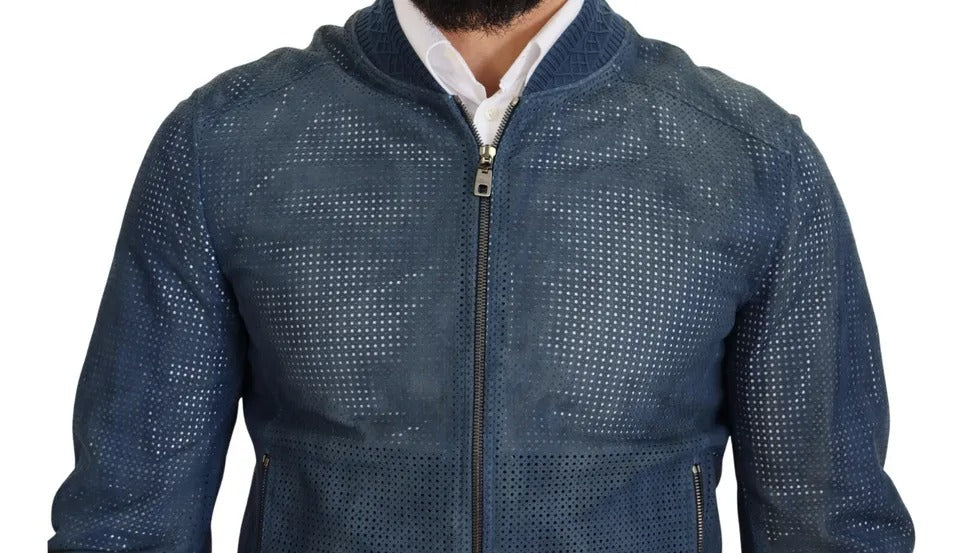 Dolce & Gabbana Blue Leather Perforated Full Zip Jacket IT46 / S