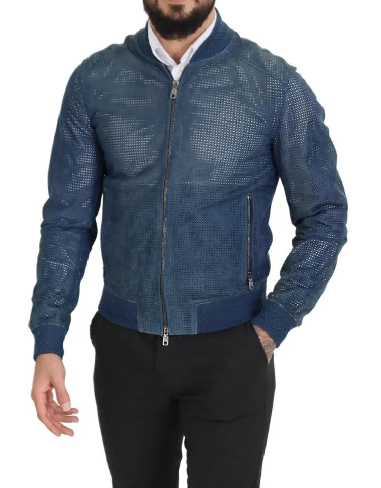 Dolce & Gabbana Blue Leather Perforated Full Zip Jacket IT46 / S